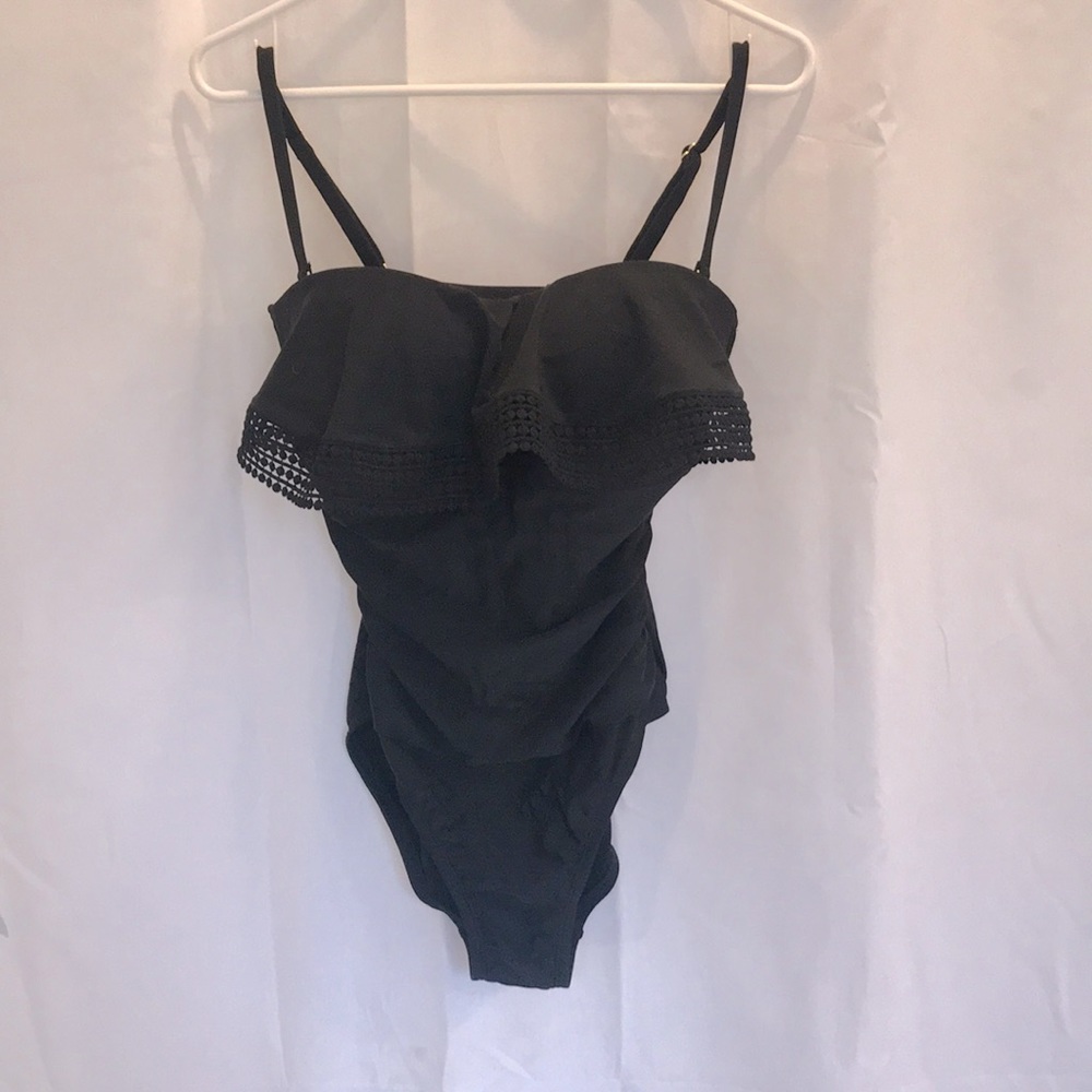 Kona Sol Black Ruched Side Swimsuit with Flounce Top
